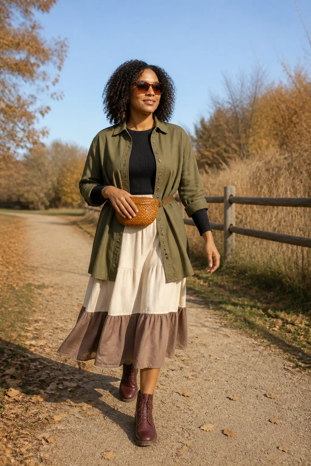 Oversized Olive Shirt with a Tiered Midi Skirt
