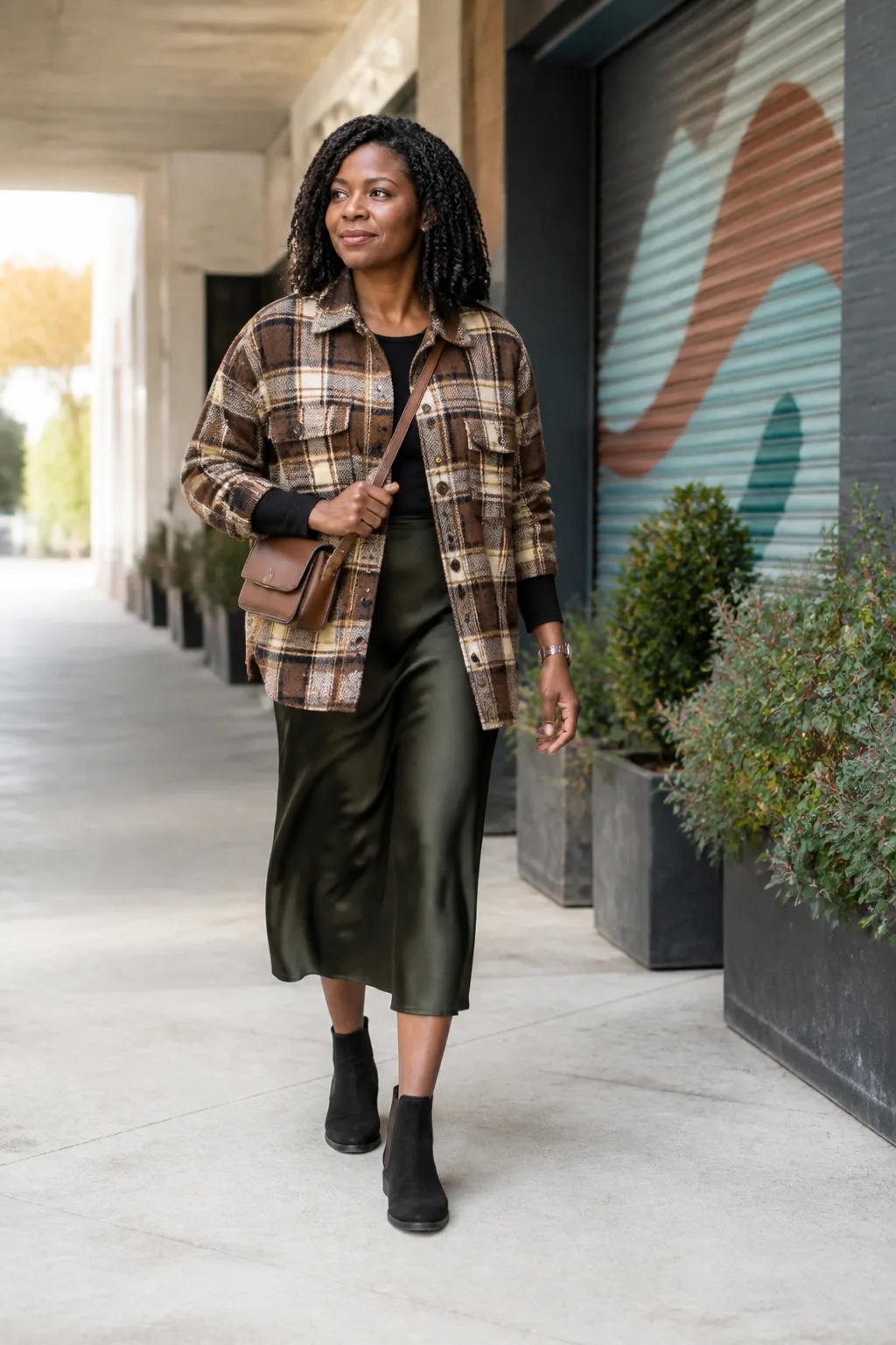 Oversized Plaid Shirt Jacket with a Slip Skirt