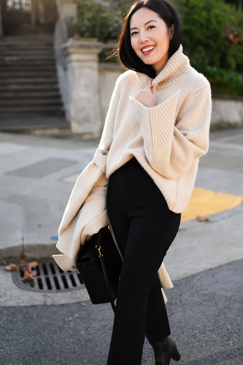 Oversized Tirtleneck Sweater + Fitted Black Trousers + Ankle Boots