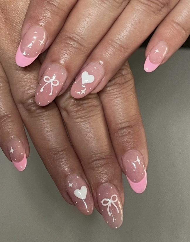 Pale Pink Almond Nails with Bows and Hearts