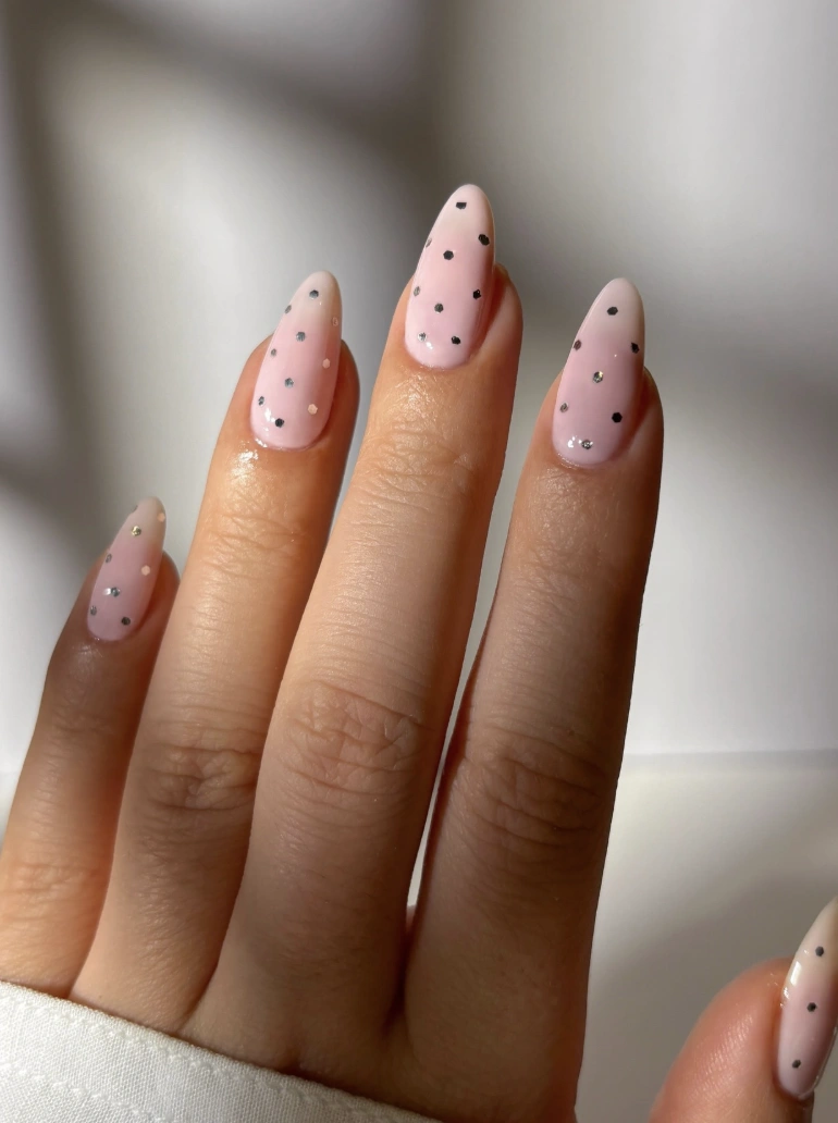 Pale Pink Almond Nails with Silver Dots