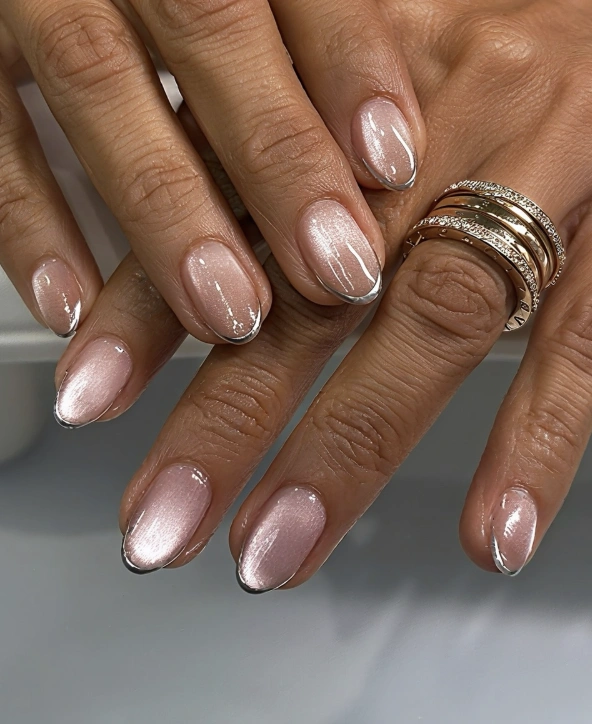 Pale Pink Cat Eye Nails with Silver Chrome Tips