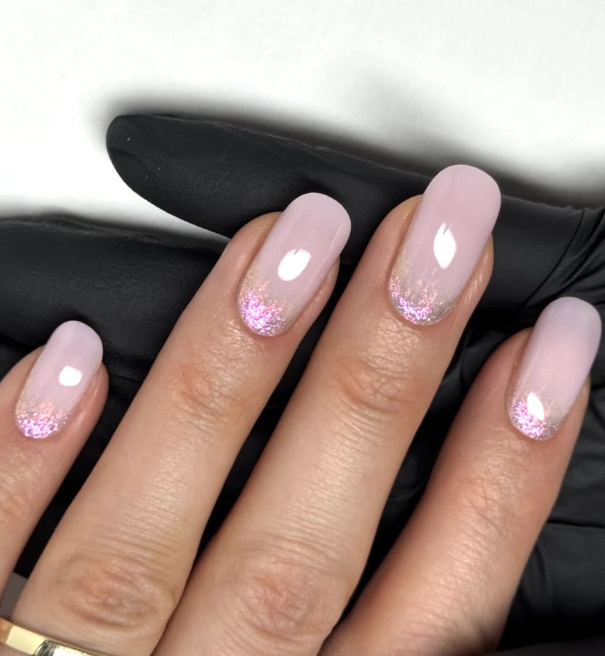 Pale Pink Nails with Iridescent Glitter Tips