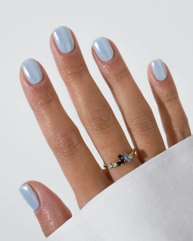 Pale Shimmer Square Nails with Delicate Gemstone Ring