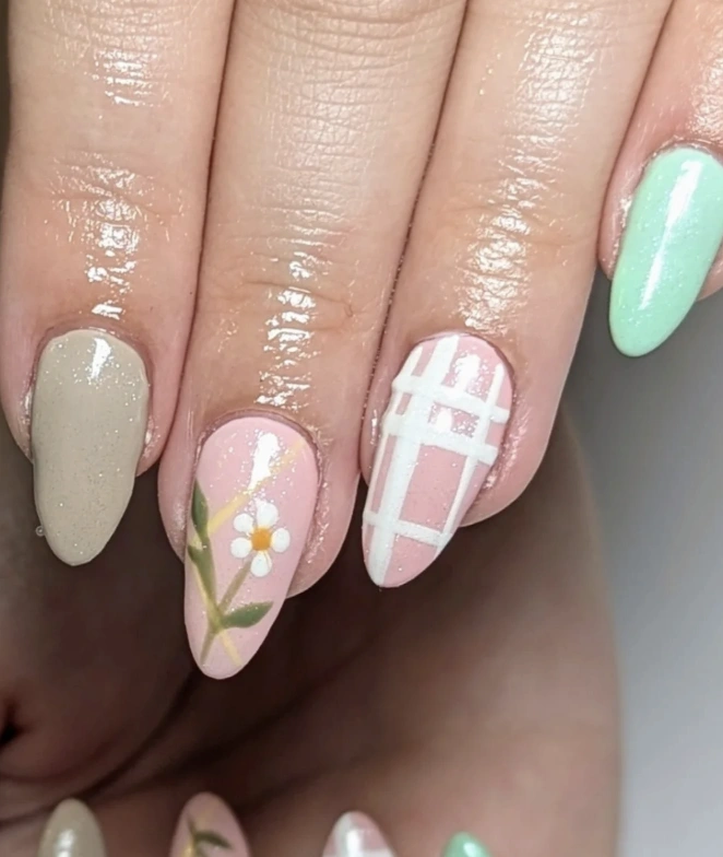 Pastel Almond Nails with Floral and Plaid Accents