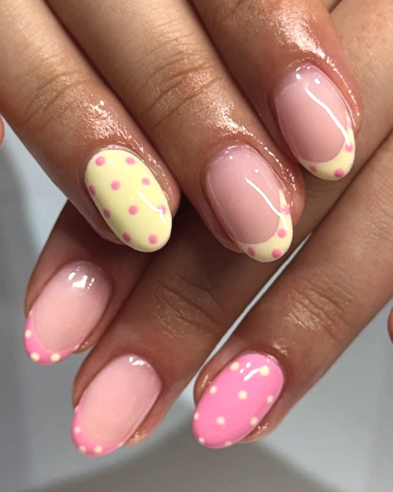 Pastel Almond Nails with Two-Tone Dots