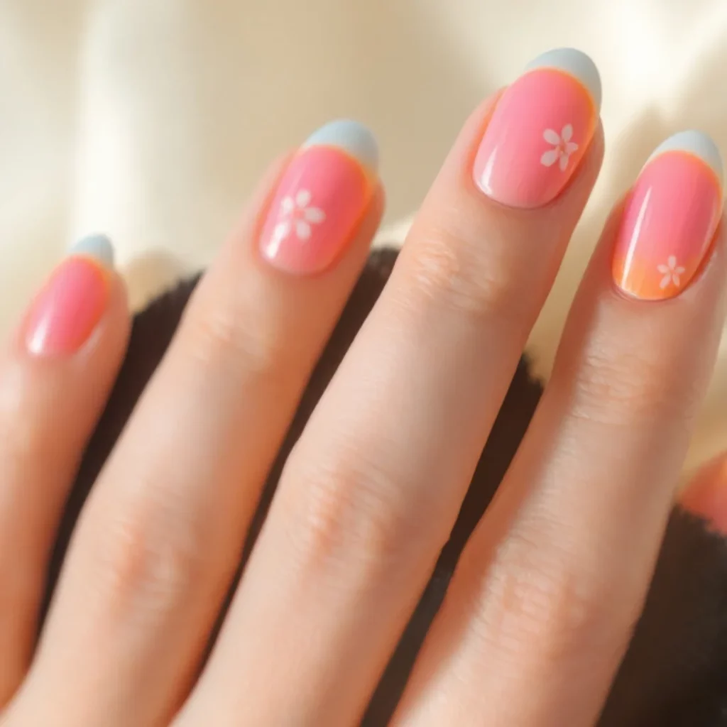 Pastel Blue and Pink Floral French Nails