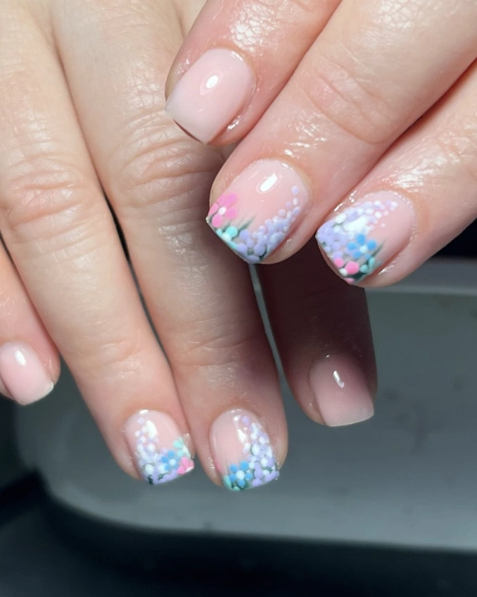 Pastel Floral Accent on Nude Square Nails