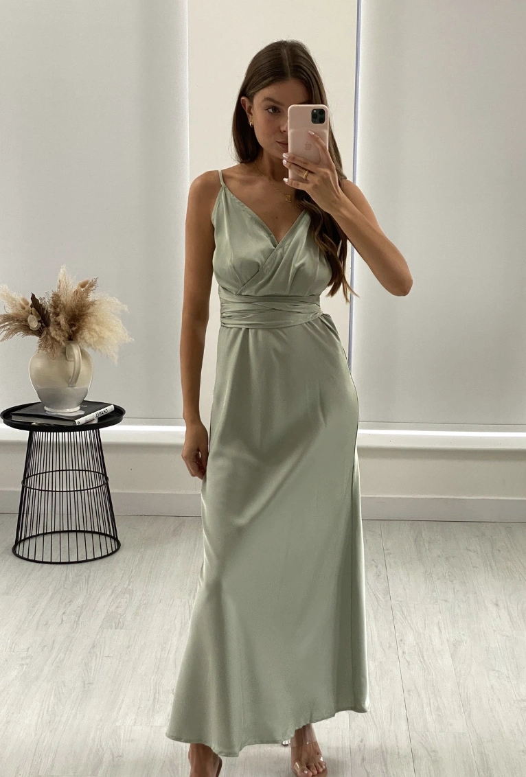 Pastel Green Satin Maxi Dress