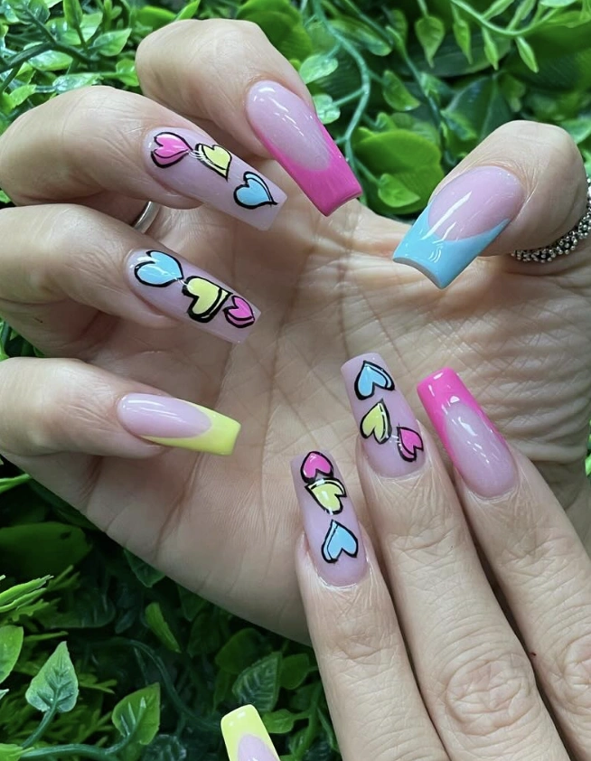 Pastel Heart Chain with Colorful French Tips