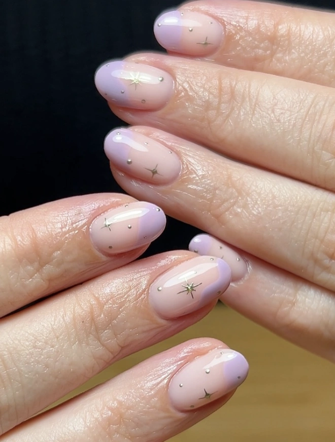 Pastel Lavender and Nude Nails with Star Accents