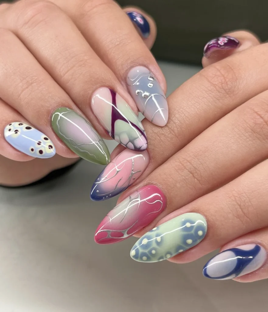 Pastel Ombre Almond Nails with Silver Vein Detail