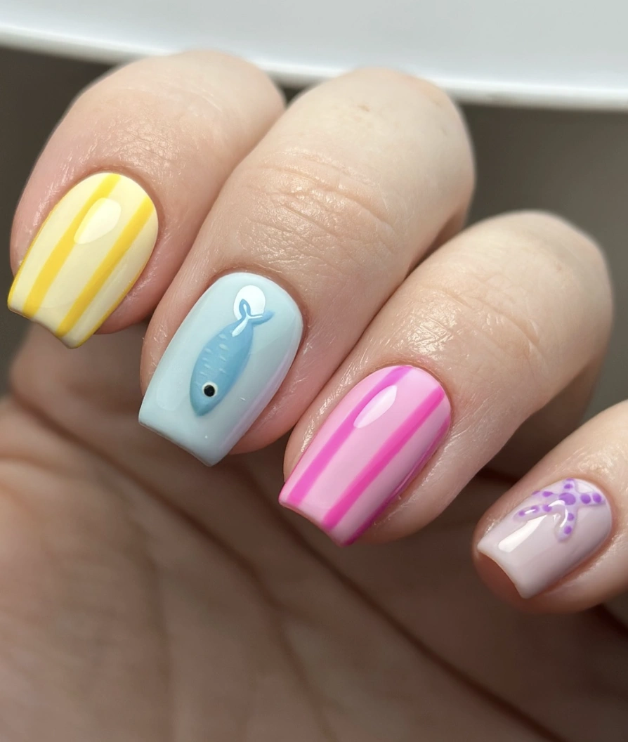 Pastel Paradise: Striped and Fish Accent Summer Gel Nails