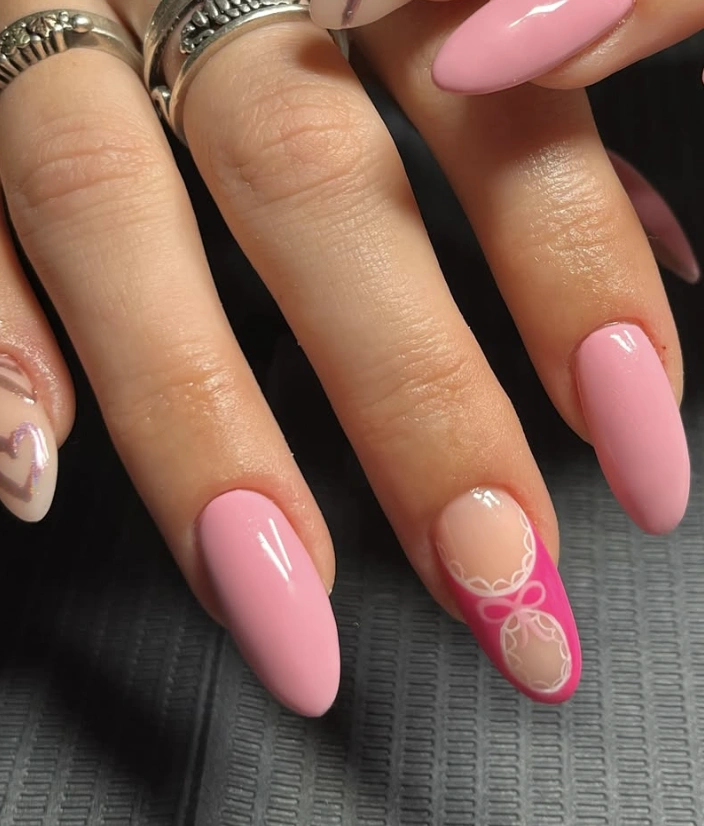 Pastel Pink Almond Nails with Lingerie Art