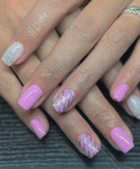 Pastel Pink and Silver Glitter Trendy Christmas Nails