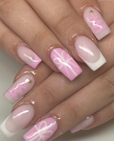 Pastel Pink Christmas Tree and Gift Box Nail Art
