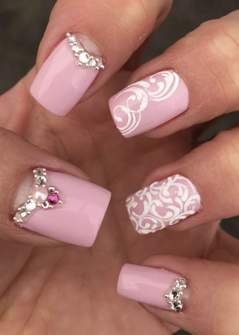 Pastel Pink Square Nails with Rhinestones and White Lace Design