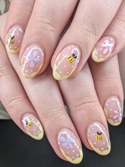 Pastel Polka Dot Bee and Flower Playful Nails