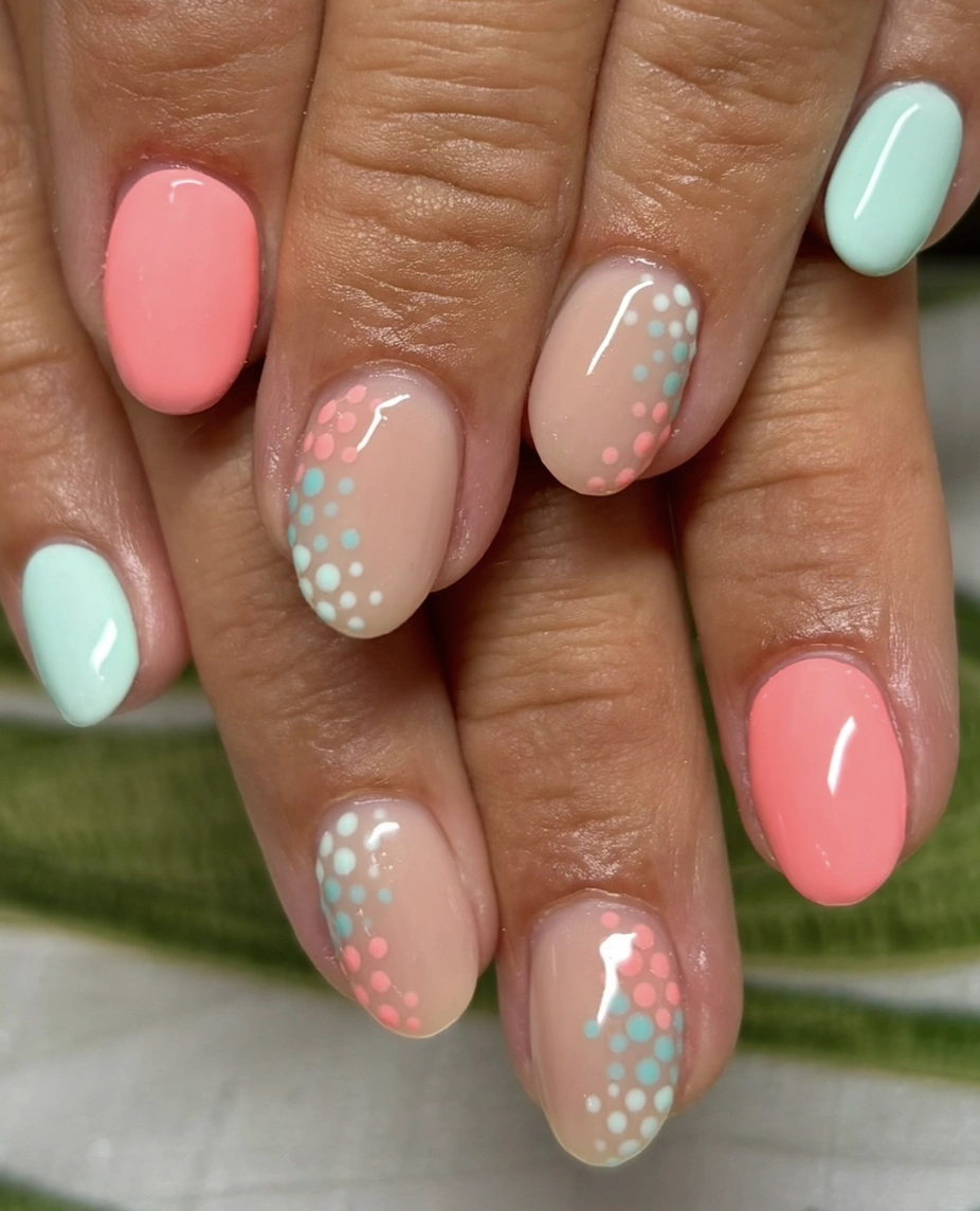 Pastel Polka Dot Fade on Nude Oval Nails