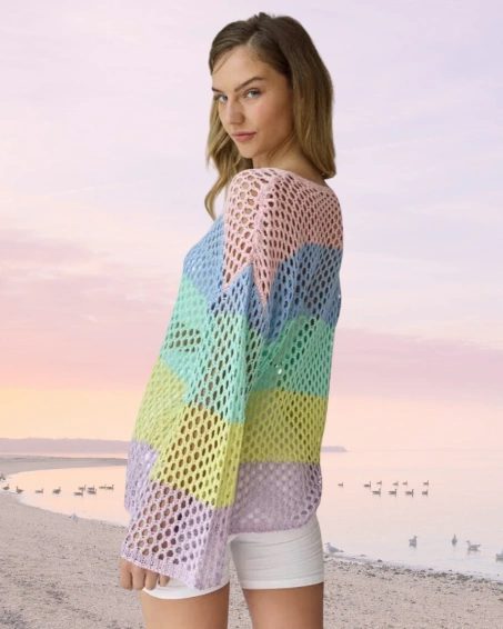 Pastel Rainbow Knit Sweater + White High-Waisted Shorts + Strappy Flat Sandals