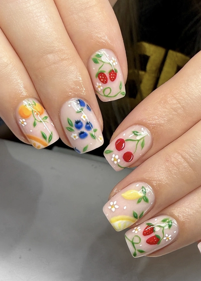 Pastel Square Nails with Hand-Painted Fruit and Floral Design