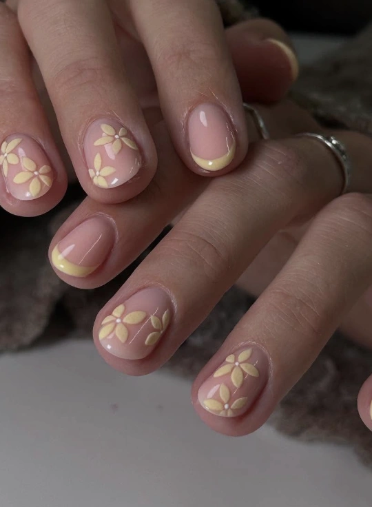 Pastel Yellow Floral Nail Art and French Tip Combo