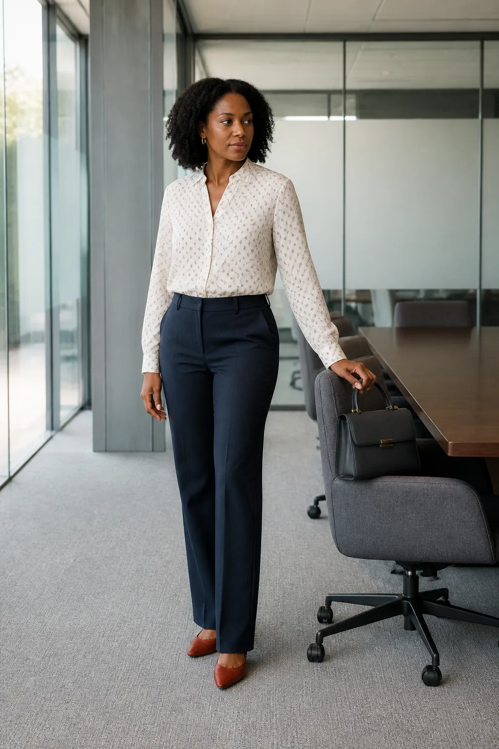 Patterned Blouse, Navy Suit Trousers, and Red Flats
