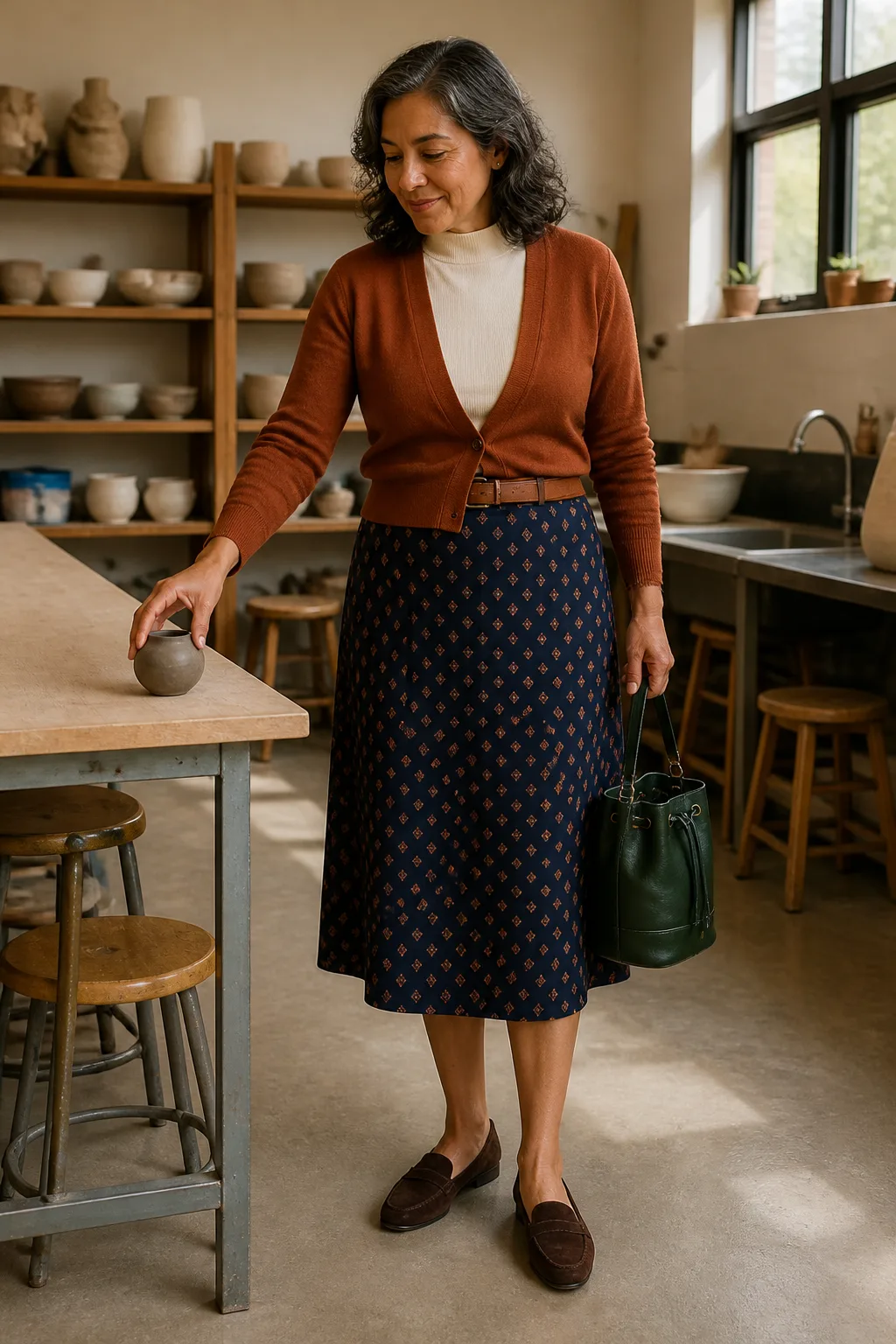 Patterned Midi Skirt with a Cropped Cardigan