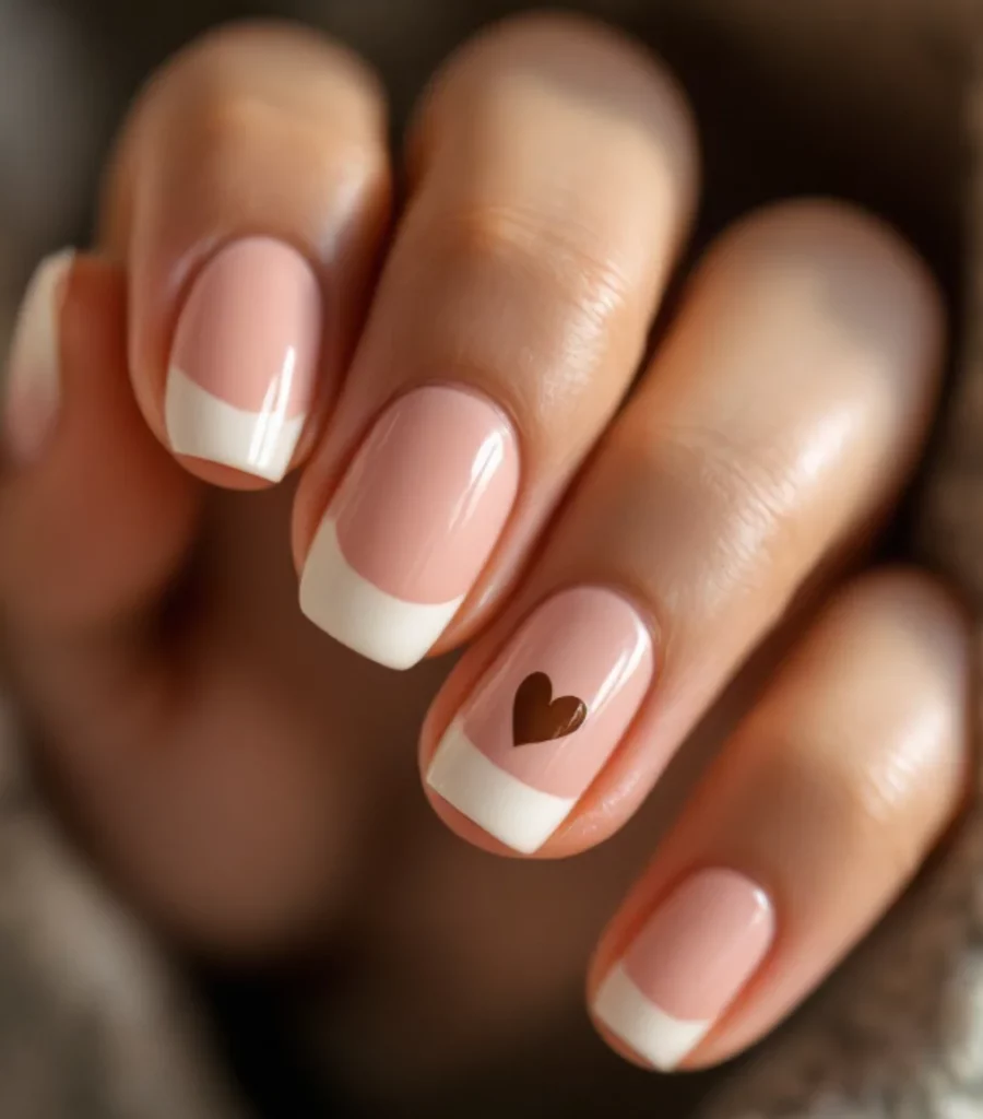 Peach and White Heart Accent French Manicure Nails
