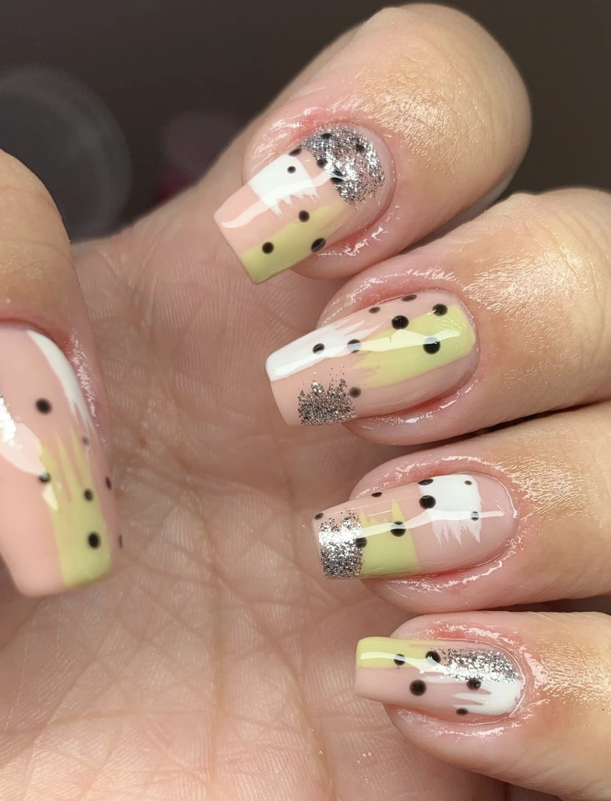 Peach, White, and Chartreuse Color Block Nails with Silver Glitter
