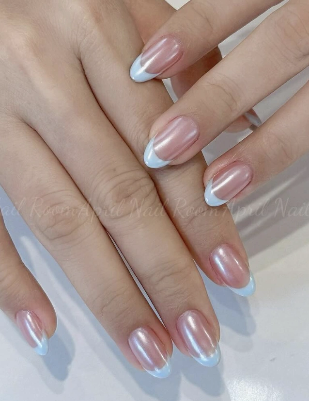 Pearlescent Almond Nails with Sky Blue French Tips