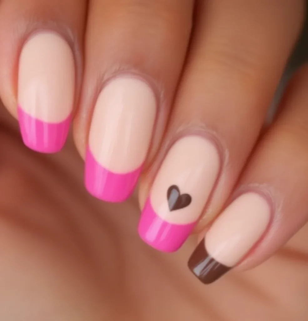 Pink and Brown Heart Detail French Nails