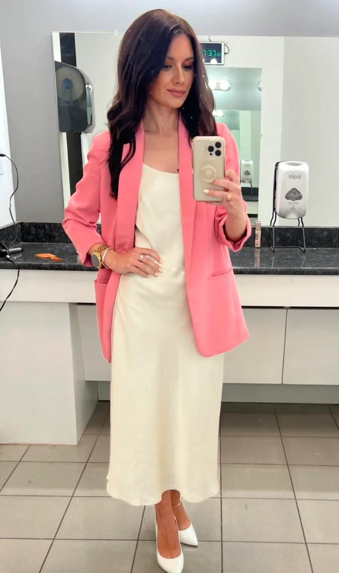 Pink Blazer + White Slip Dress + White Heels