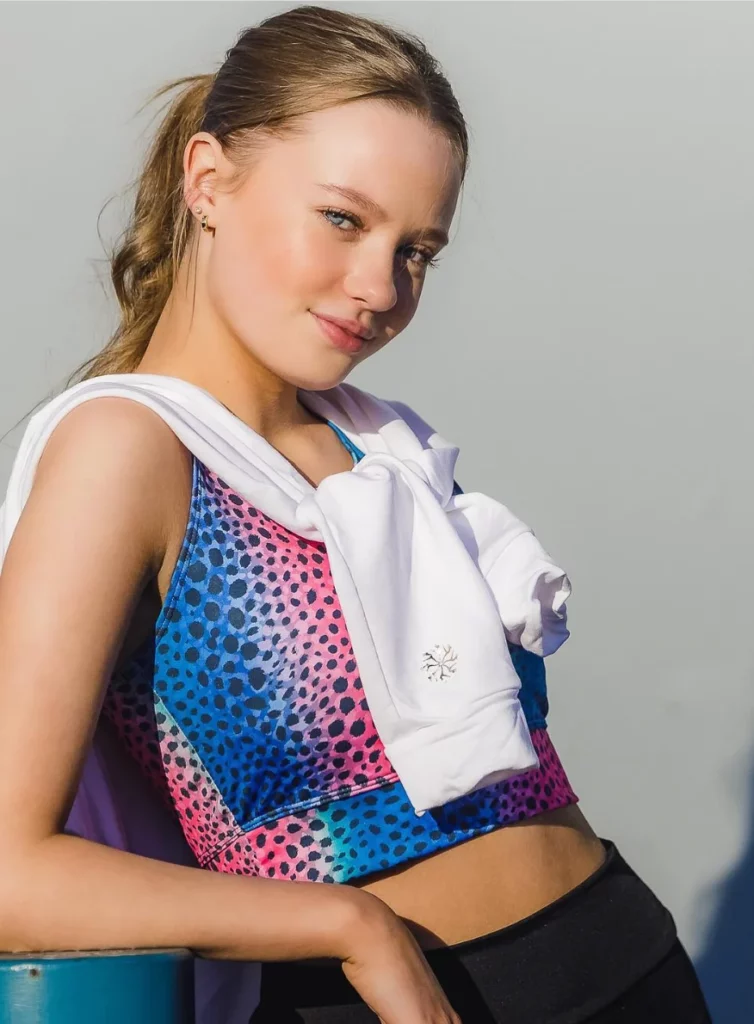 Pink Blue Printed Crop Top + White Hoodie + Black High-Waisted Leggings