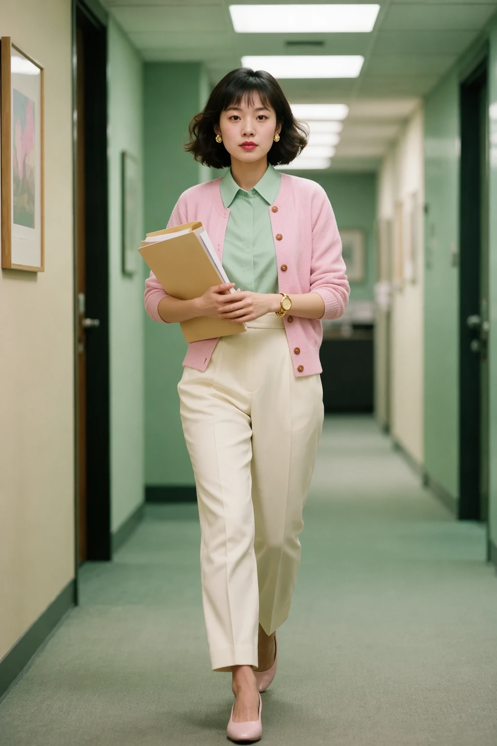 Pink Cardigan + Mint Blouse + Ivory Trousers