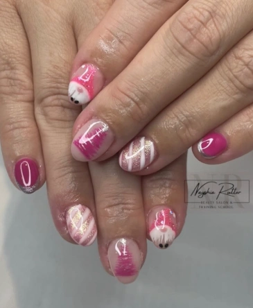 Pink Christmas Gnomes & Glitter Stripe Nails