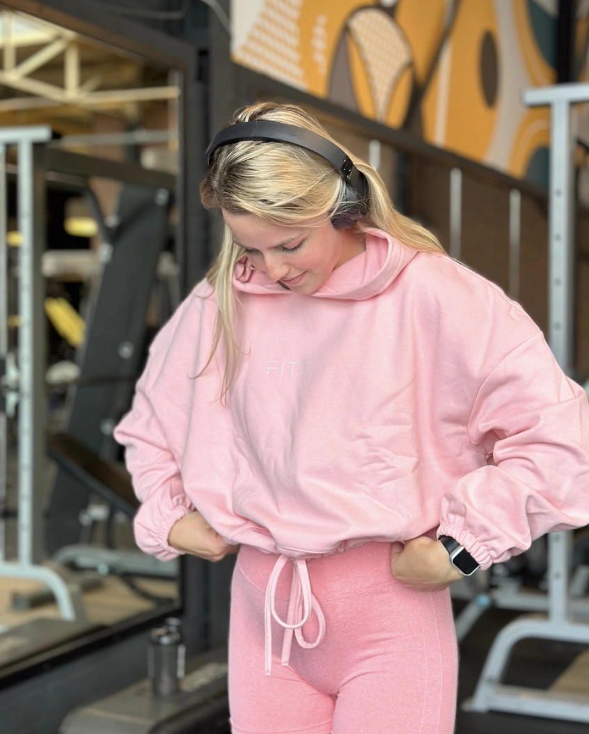 Pink Cropped Hoodie + Pink High-Waisted Leggings + Black Wireless Headphones