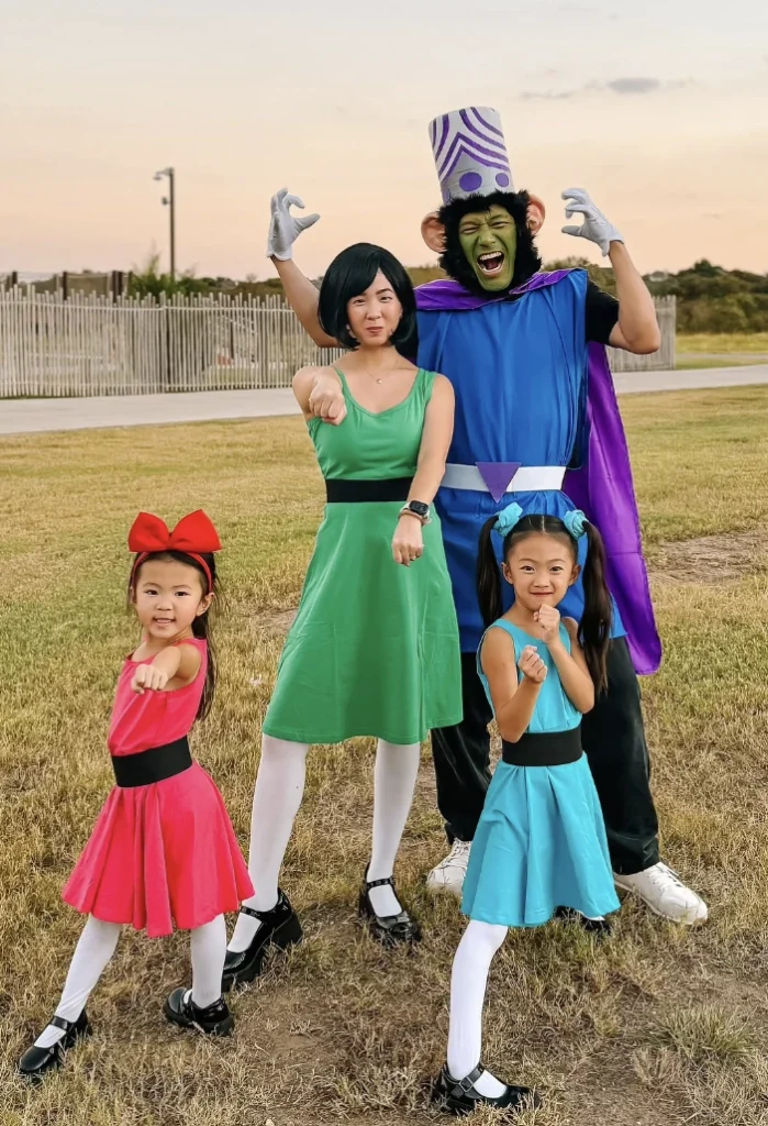 Pink Dress + Green Dress + Blue Dress + Purple Character Costume + Black Shoes