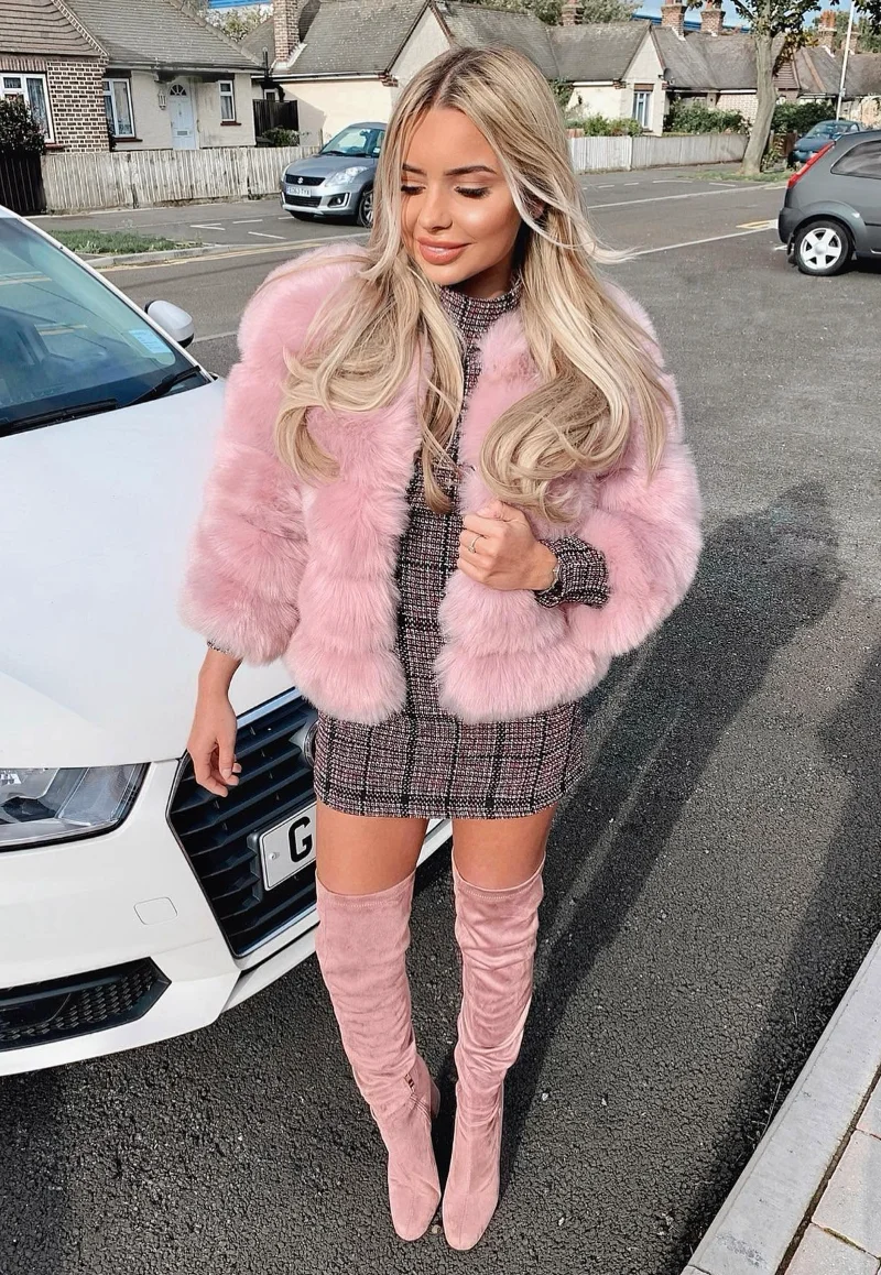 Pink Faux Fur Jacket + Pink Tweed Mini Dress + Pink Over-The-Knee Boots