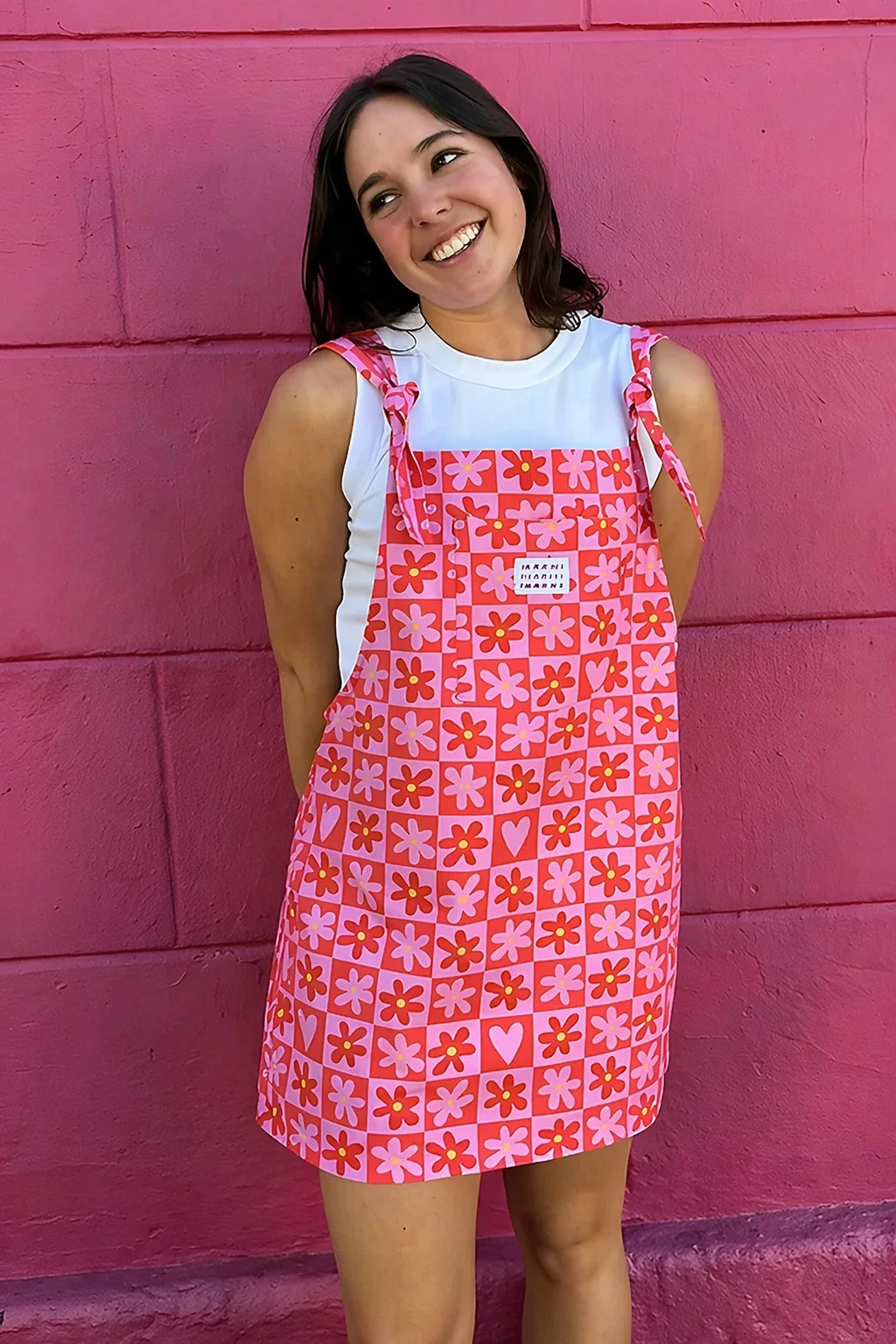 Pink Floral Overall Shorts + White Basic Tee + Casual Sneakers