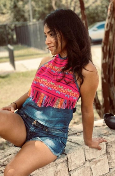 Pink Fringe Crochet Halter Top + High-Waisted Denim Shorts