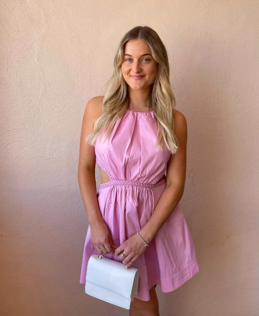 Pink Halter Neck Cutout Mini Dress with Braided Waist Detail