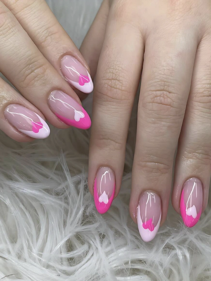 Pink Heart French Tip Almond Nails