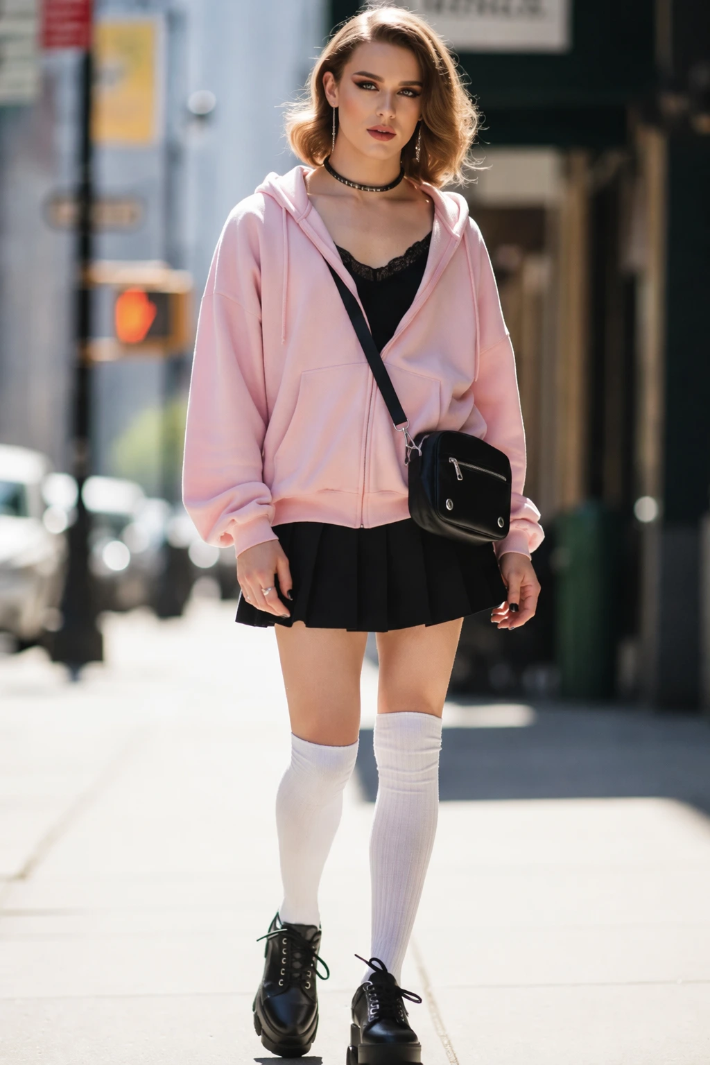Pink Hoodie + Black Lace Cami + Pleated Skirt + Platform Boots