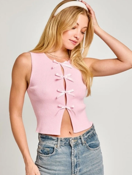 Pink Knit Crop Top + Light Blue Denim Shorts + White Headband