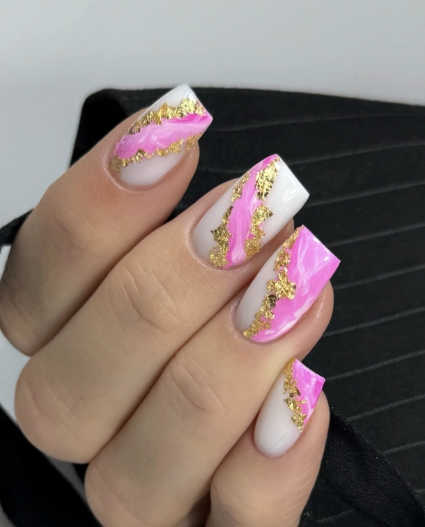 Pink Marble Accent with Gold Foil Square Nails