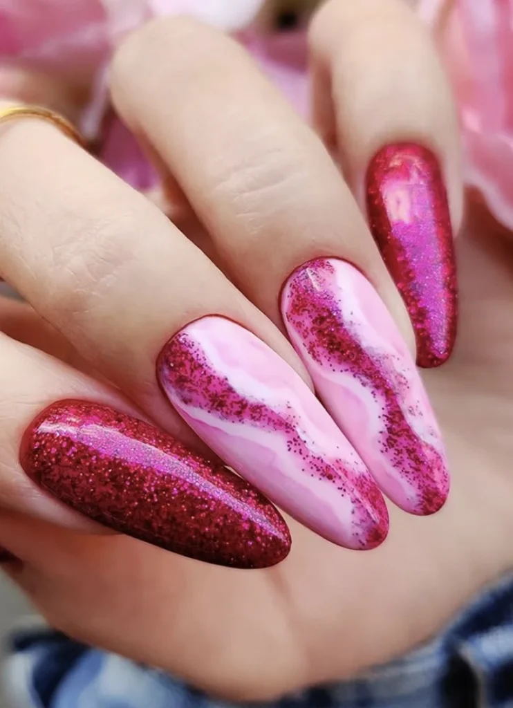 Pink Marble Swirl Nails with Berry Glitter Accents