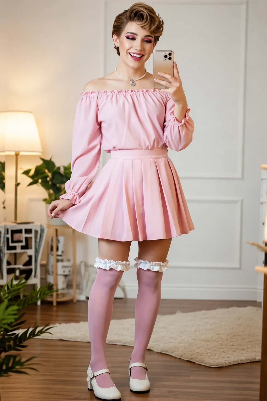 Pink Off-Shoulder Top + Pleated Mini Skirt + Pink Thigh Highs + White Mary Janes