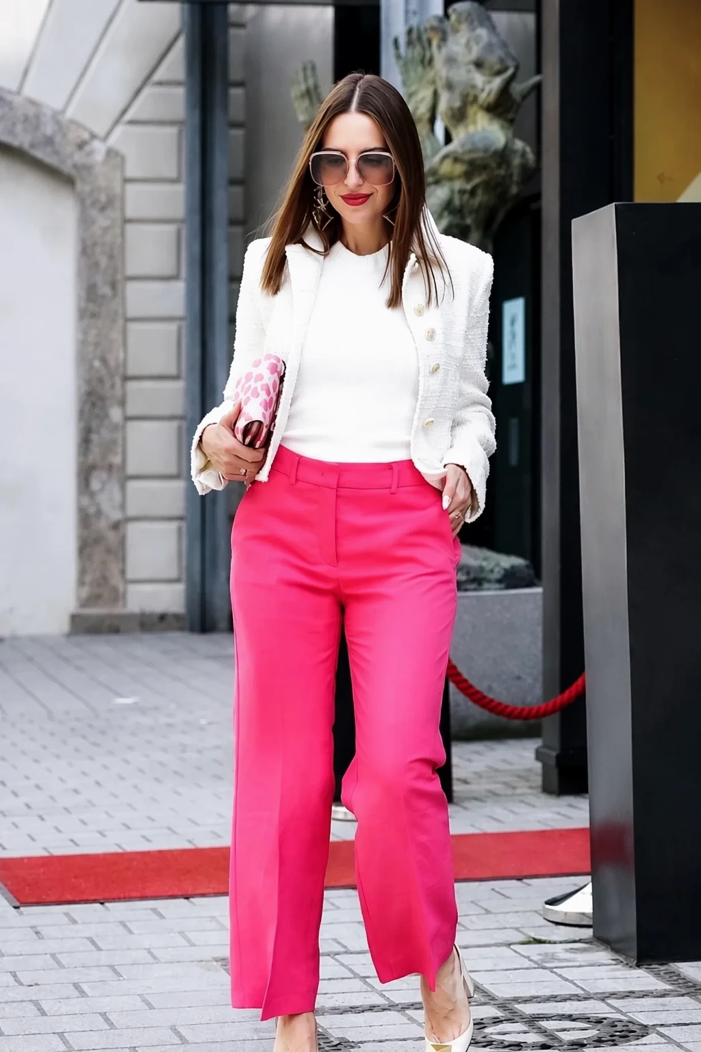 Pink Office Pants + White Ribbed Top + Chic Blazer + Cream Pointed-Toe Heels