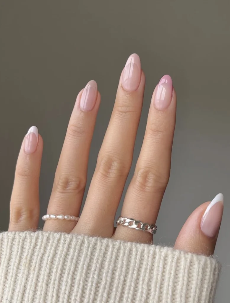 Pink Ombré Almond Nails with White French Tips